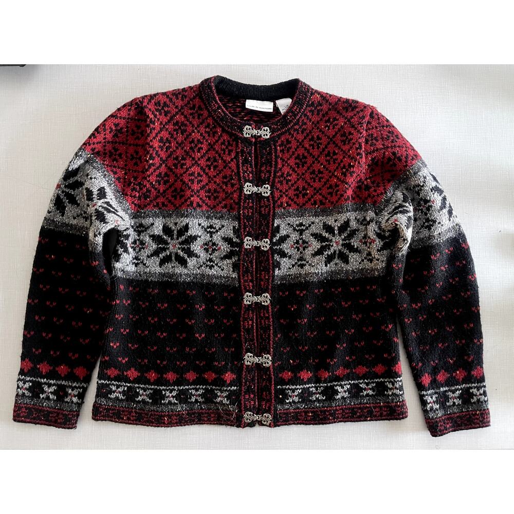 Croft & Barrow Sz L Fair Isle  Cardigan Sweater Red Wool Blend Nordic Apres Ski - Picture 3 of 13